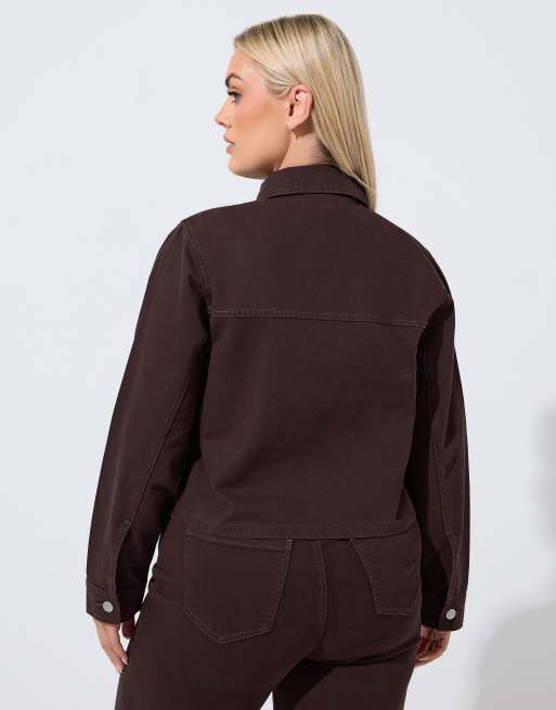 Yours Clothing Pocket denim jacket in brown, 4 of 4
