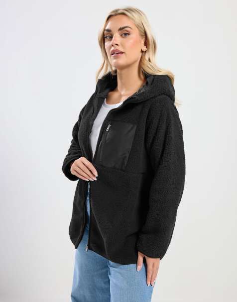 Yours Clothing Pocket teddy fleece jacket in black - view 1