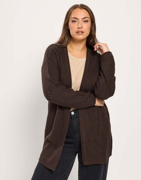 Yours Clothing Pointelle chunky knitted cardigan in brown