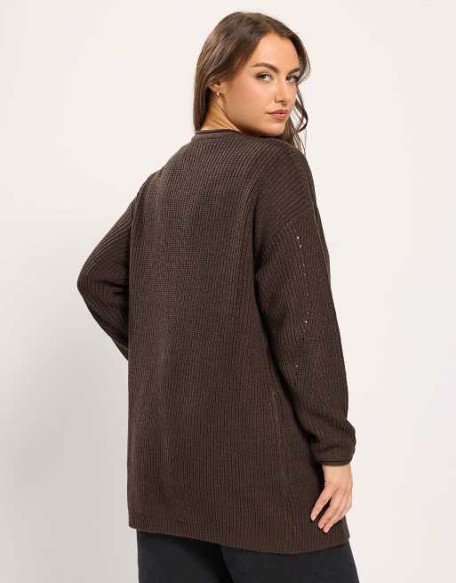 Yours Clothing Pointelle chunky knitted cardigan in brown, 4 of 4
