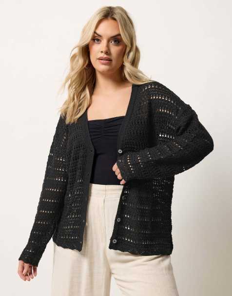 Yours Clothing Pointelle knit cardigan in black - view 1