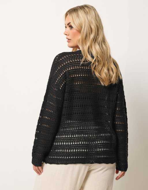 Yours Clothing Pointelle knit cardigan in black, 2 of 4