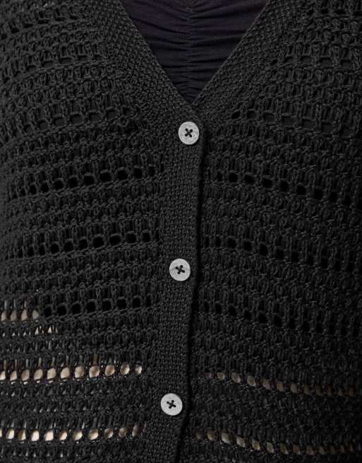 Yours Clothing Pointelle knit cardigan in black, 3 of 4