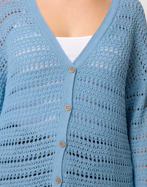 Yours Clothing Pointelle knit cardigan in blue, 2 of 4