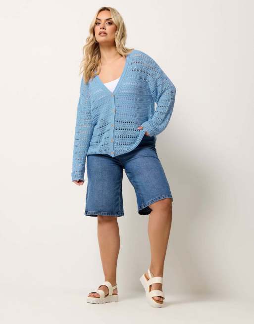 Yours Clothing Pointelle knit cardigan in blue, 3 of 4