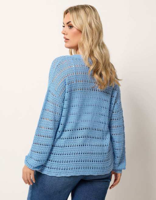 Yours Clothing Pointelle knit cardigan in blue, 4 of 4