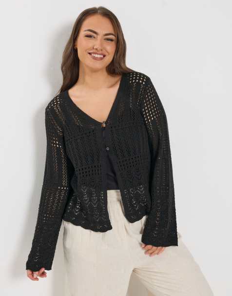 Yours Clothing Pointelle knitted cardigan in black