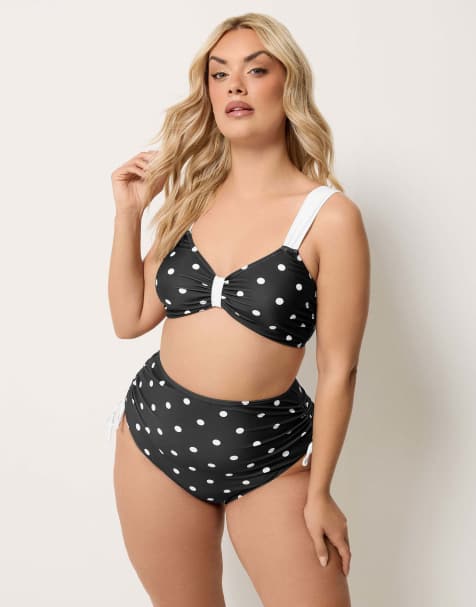 Yours Clothing Polka dot bikini top in black