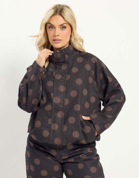 Yours Clothing Polka dot denim bomber jacket in brown - view 1