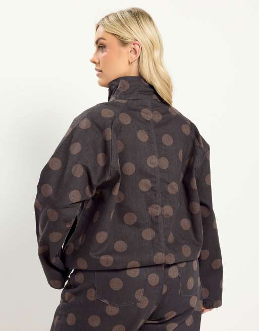 Yours Clothing Polka dot denim bomber jacket in brown, 3 of 4