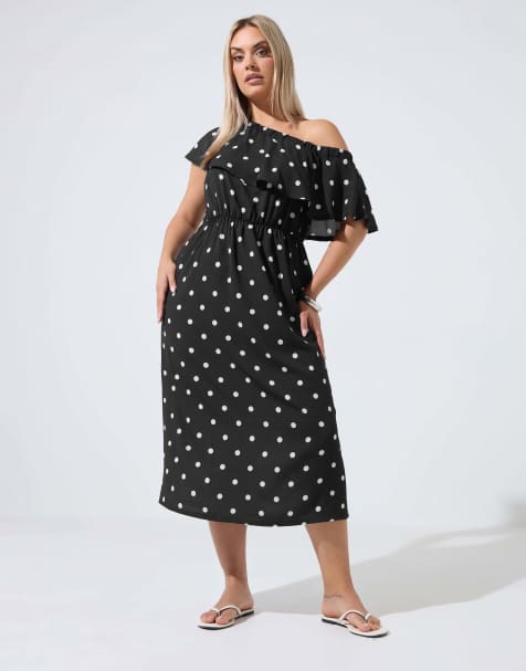 Yours Clothing Polka dot frill midi dress in black - view 1