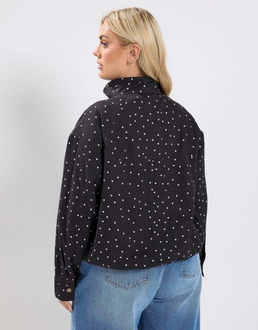 Yours Clothing Polka dot funnel neck bomber jacket in black, 3 of 4