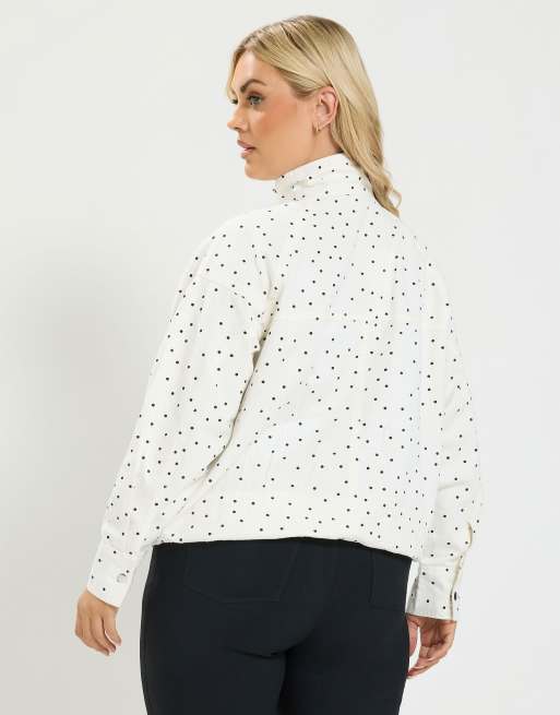 Yours Clothing Polka dot funnel neck bomber jacket in white, 3 of 5