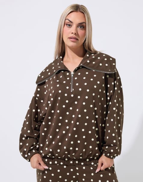 Yours Clothing Polka dot half zip hoodie in brown - view 1