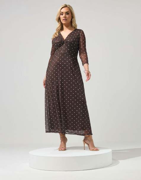 Yours Clothing Polka dot knot front dress in brown - view 1