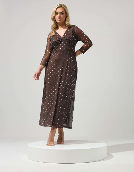 Yours Clothing Polka dot knot front dress in brown, 2 of 4