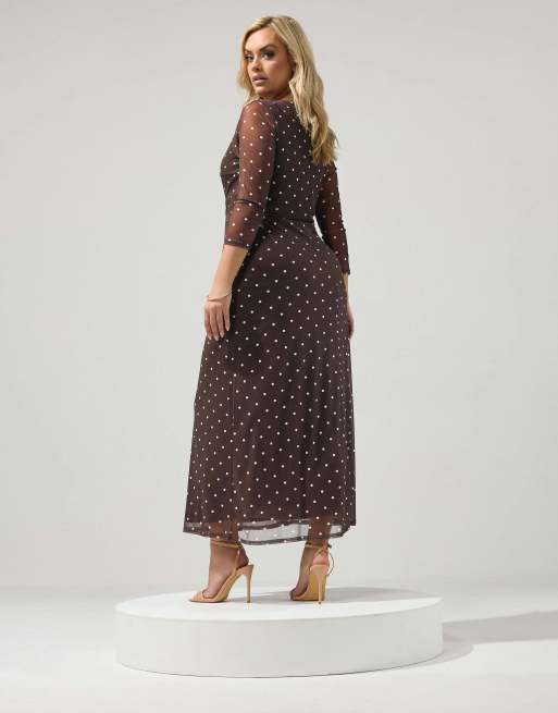 Yours Clothing Polka dot knot front dress in brown, 4 of 4