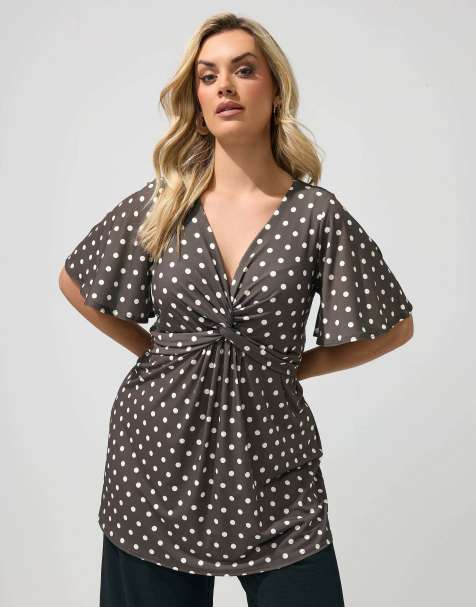 Yours Clothing Polka dot knot front top in brown
