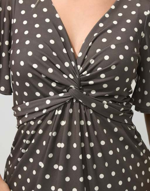 Yours Clothing Polka dot knot front top in brown, 4 of 4