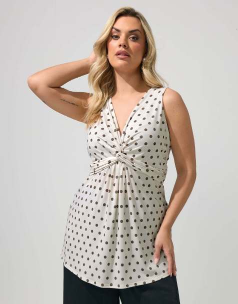 Yours Clothing Polka dot knot front top in ivory - view 1