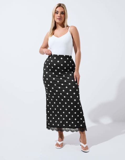 Yours Clothing Polka dot lace hem skirt in black - view 1