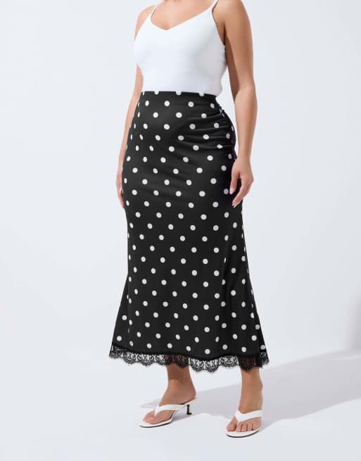 Yours Clothing Polka dot lace hem skirt in black, 2 of 4