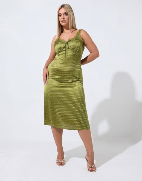 Yours Clothing Polka dot lace trim dress in green - view 1