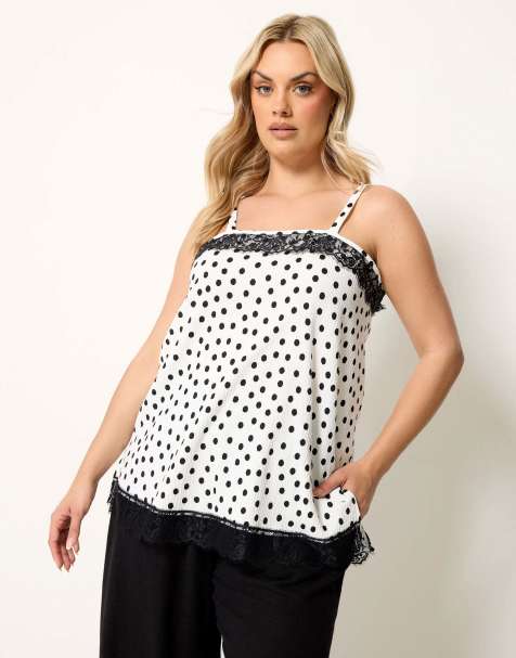 Yours Clothing Polka dot lace trim vest top in white - view 1