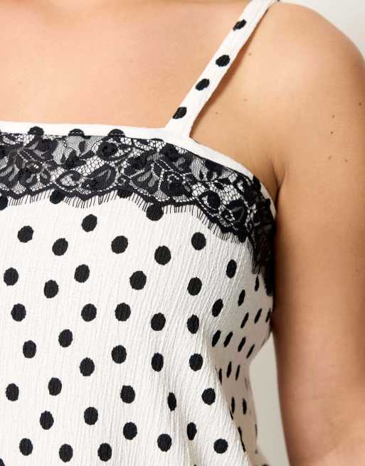 Yours Clothing Polka dot lace trim vest top in white, 4 of 4