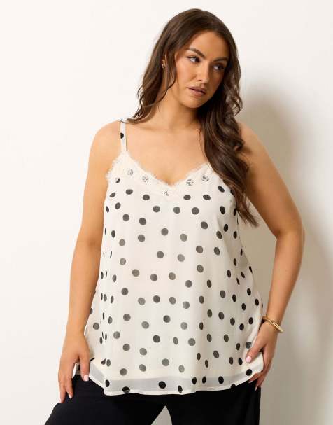 Yours Clothing Polka dot lace vest top in ivory - view 1