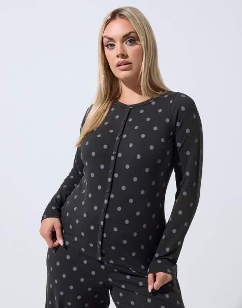 Yours Clothing Polka dot long sleeve button top in black