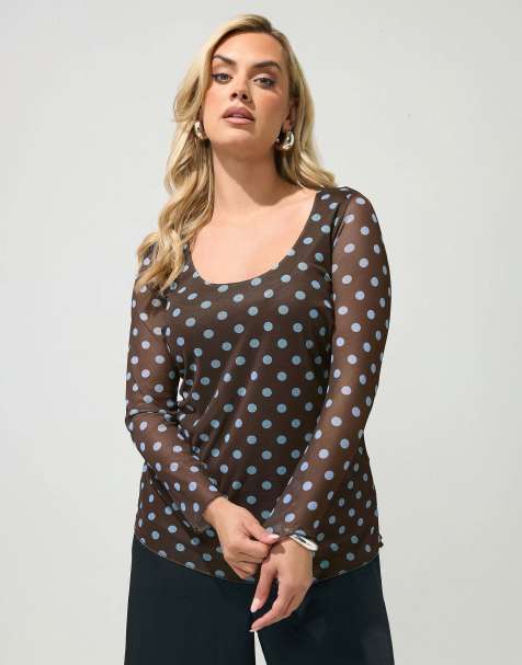 Yours Clothing Polka dot long sleeve top in brown