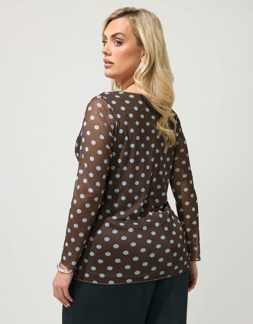 Yours Clothing Polka dot long sleeve top in brown, 2 of 4
