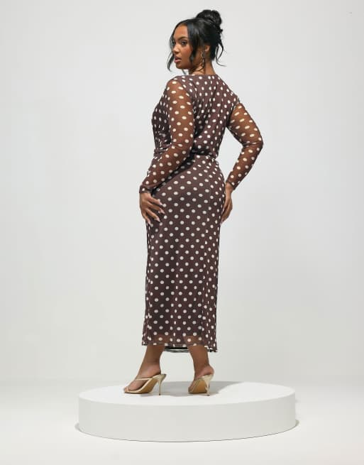 Yours Clothing Polka dot maxi dress in brown, 3 of 4
