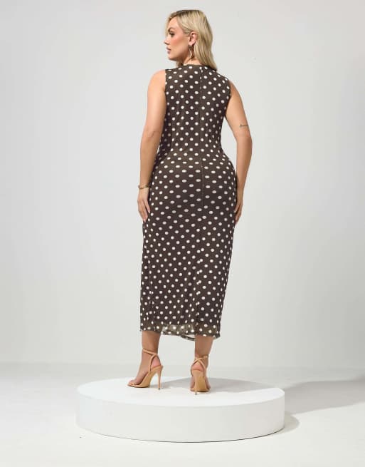 Yours Clothing Polka dot maxi dress in brown, 3 of 4