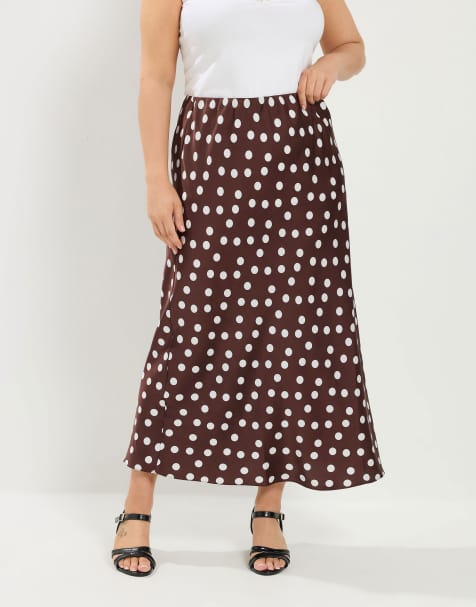 Yours Clothing Polka dot maxi satin skirt in brown - view 1
