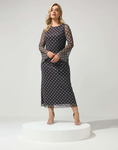 Yours Clothing Polka dot mesh maxi dress in brown