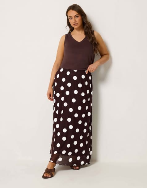 Yours Clothing Polka dot mesh maxi skirt in brown - view 1