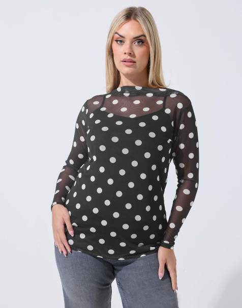 Yours Clothing Polka dot mesh top in black - view 1