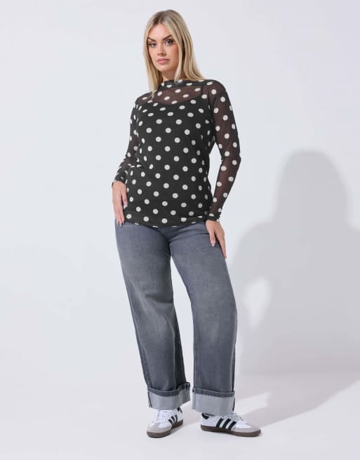 Yours Clothing Polka dot mesh top in black, 2 of 4