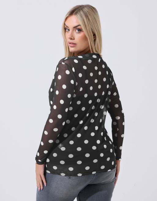 Yours Clothing Polka dot mesh top in black, 3 of 4