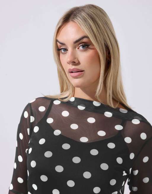 Yours Clothing Polka dot mesh top in black, 4 of 4