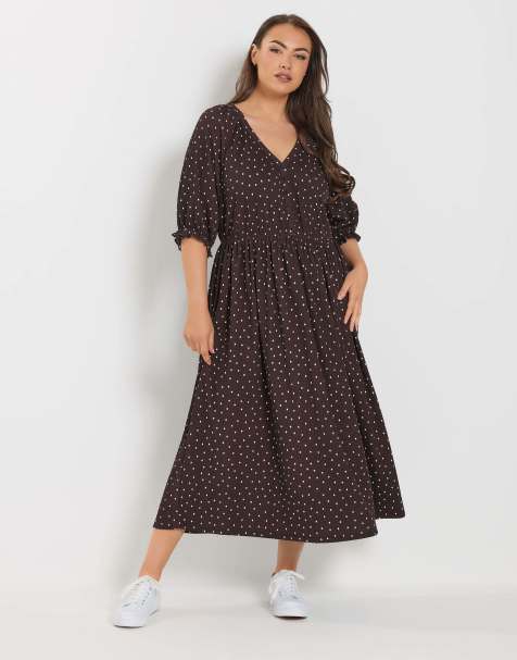 Yours Clothing Polka dot midi dress in brown - view 1