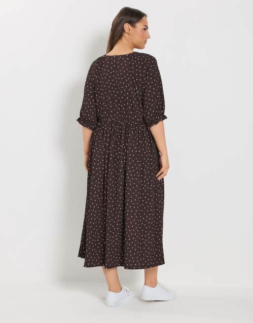 Yours Clothing Polka dot midi dress in brown, 3 of 4