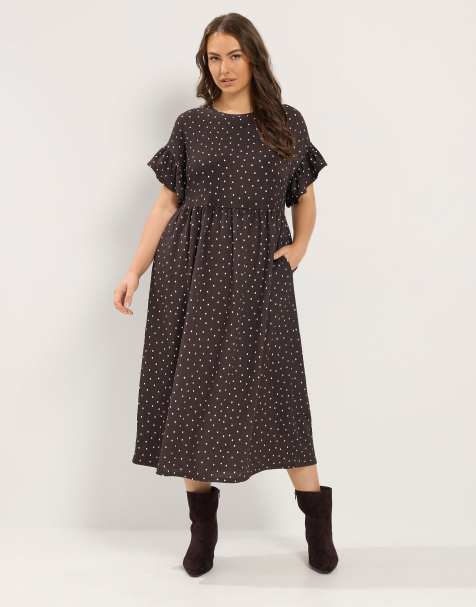 Yours Clothing Polka dot midi dress in brown - view 1