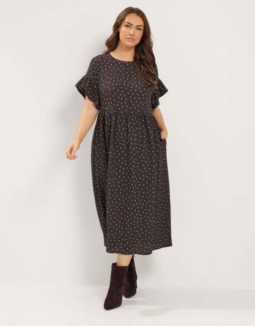 Yours Clothing Polka dot midi dress in brown, 2 of 4