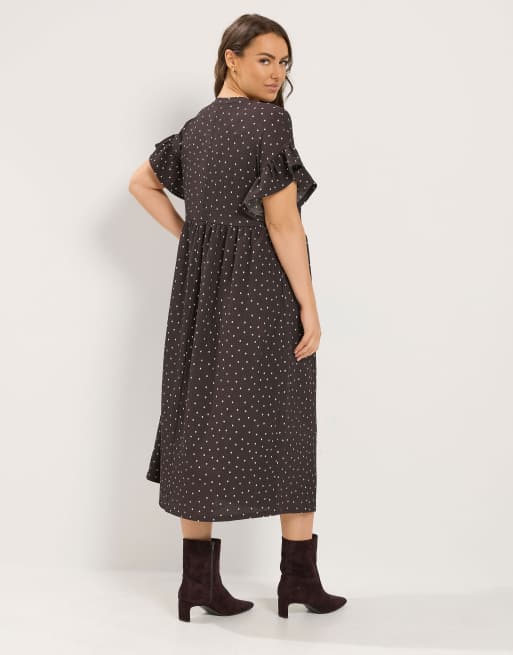 Yours Clothing Polka dot midi dress in brown, 3 of 4