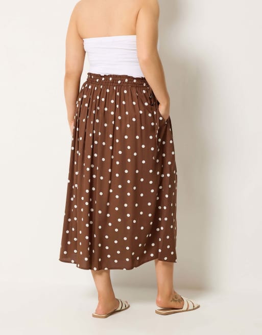 Yours Clothing Polka dot midi skirt in brown, 2 of 4