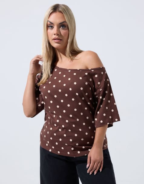 Yours Clothing Polka dot off shoulder t-shirt in brown - view 1