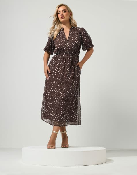Yours Clothing Polka dot puff sleeve dress in brown - view 1